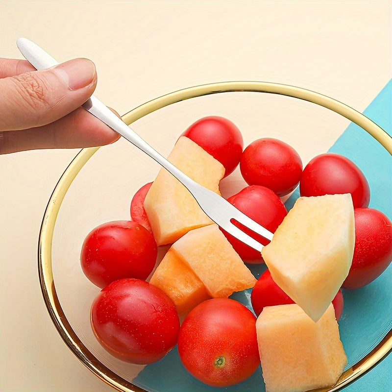 10 stainless steel fruit forks, suitable for desserts, cakes, salads, and reusable in the kitchen.