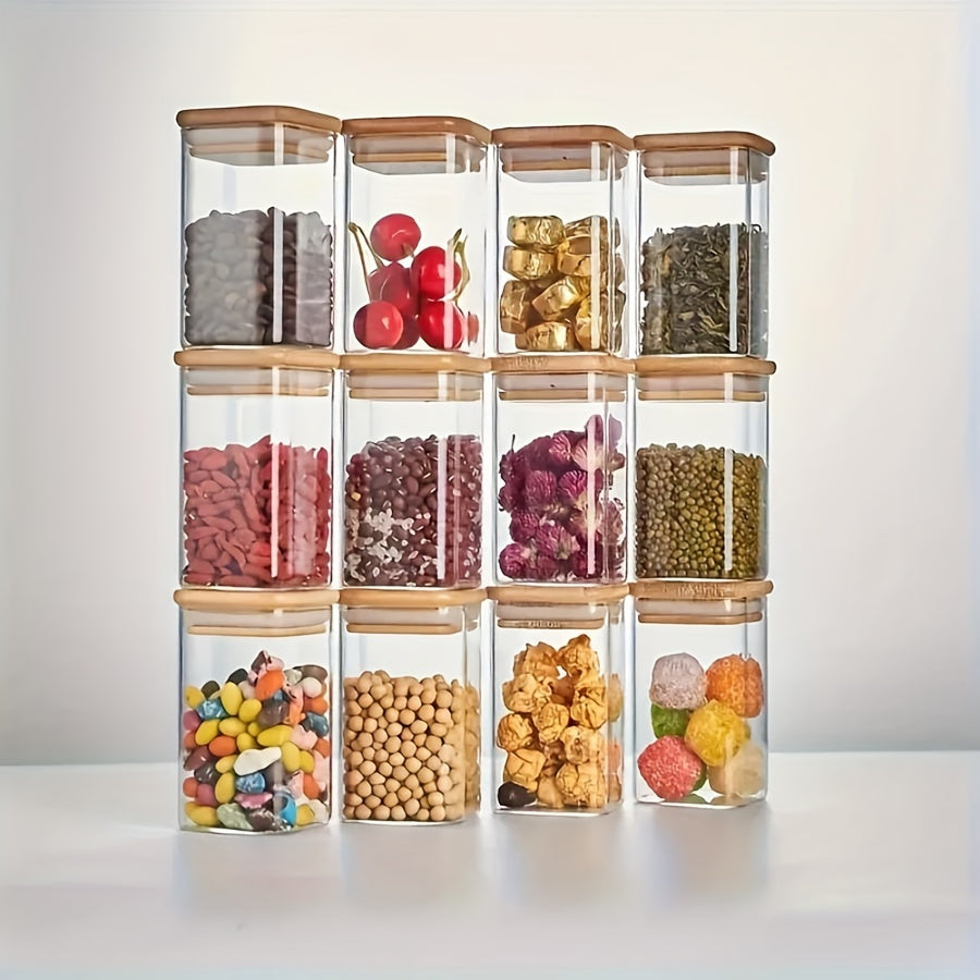 12 glass spice jars with bamboo lids, airtight and reusable for kitchen storage and organization. Includes waterproof labels.