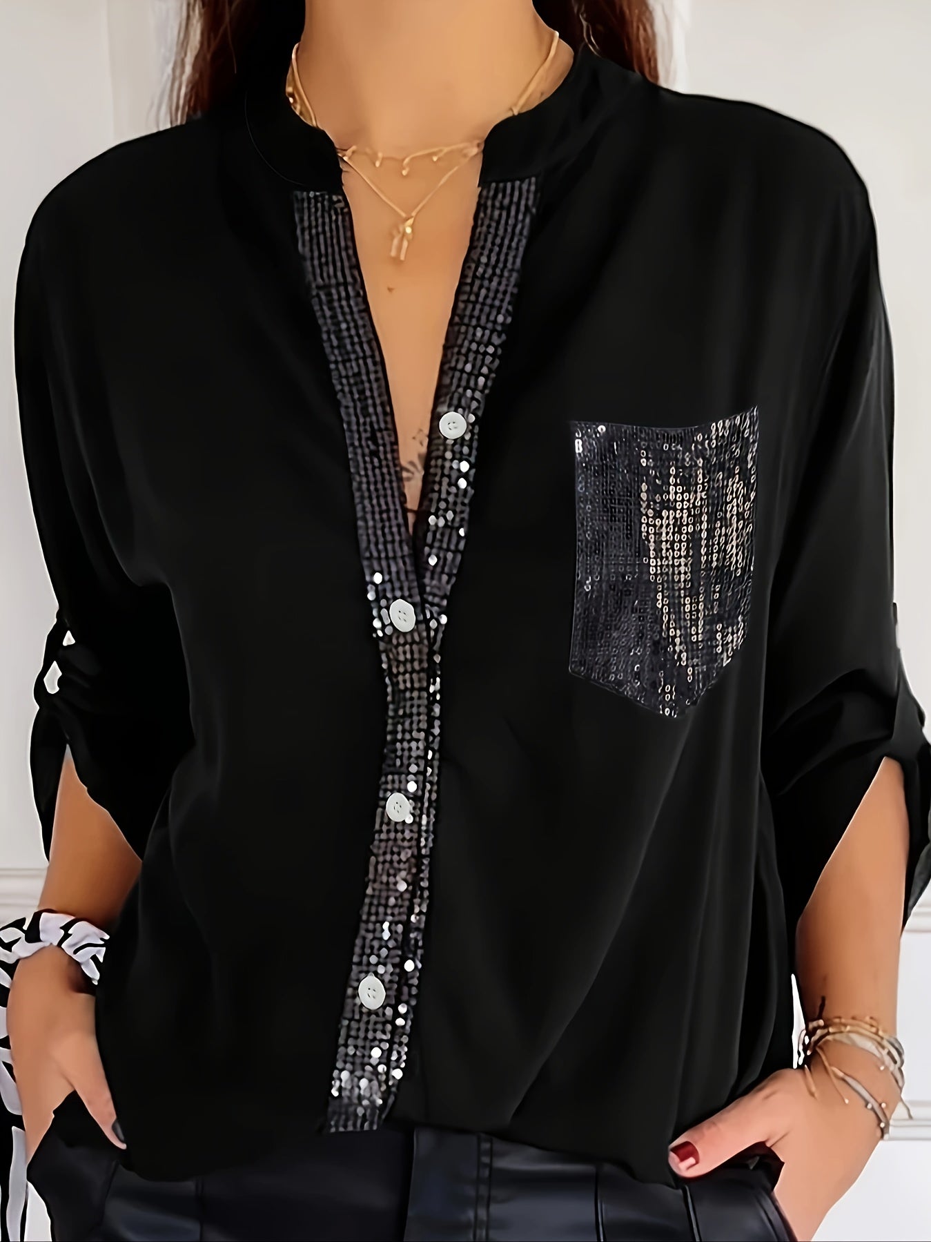 Women's 1pc Elegant Sequin Embellished Stand Collar Long Sleeve Shirt, 95% Polyester 5% Spandex, Solid Color Woven Blouse for Spring/Fall