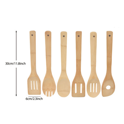 6-piece Bamboo Kitchen Utensil Set includes long wooden spoons and spatulas, safe for nonstick cookware, made of natural wood. Essential kitchen accessories for home and apartment.