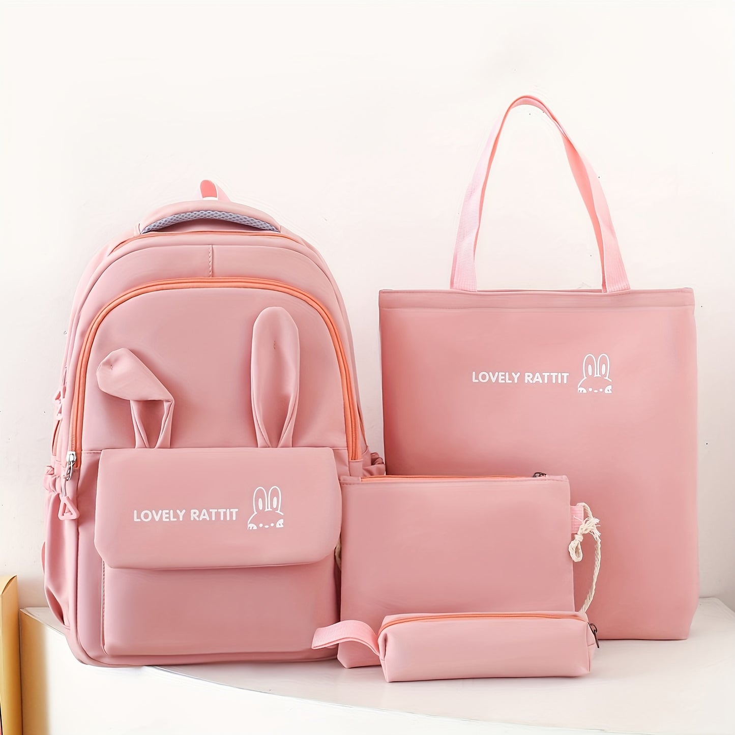 Women's backpack set with cute cartoon ears, lightweight and fashionable design. Includes 4-piece set with large capacity, zipper closure, and polyester lining. Origin: Baigou Production