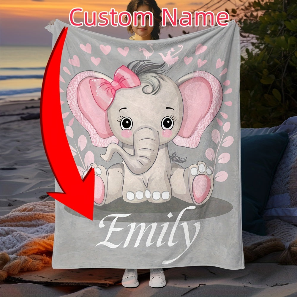 Personalized Elephant Flannel Throw Blanket with Custom Name - Modern Design, Cozy and Luxurious Digital Print, Easy to Clean in the Washing Machine, Versatile All-Season Throw for Couch, Bed, Travels, and Workspace - 1 Piece