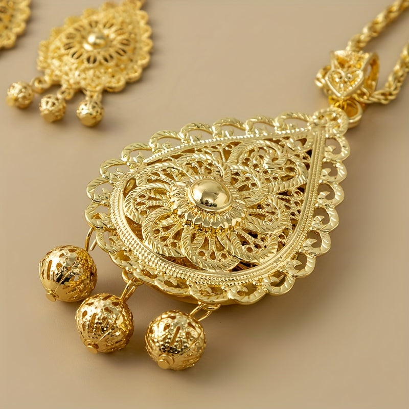 Vintage Luxury Double Layer Pendant Necklace and Earrings Set, 24K Golden Plated Zinc Alloy with Traditional Algerian Filigree Carving. Perfect for Weddings, Gifts, and Ramadan Holidays. Suitable for all Seasons. Ideal Bridal Jewelry Set.