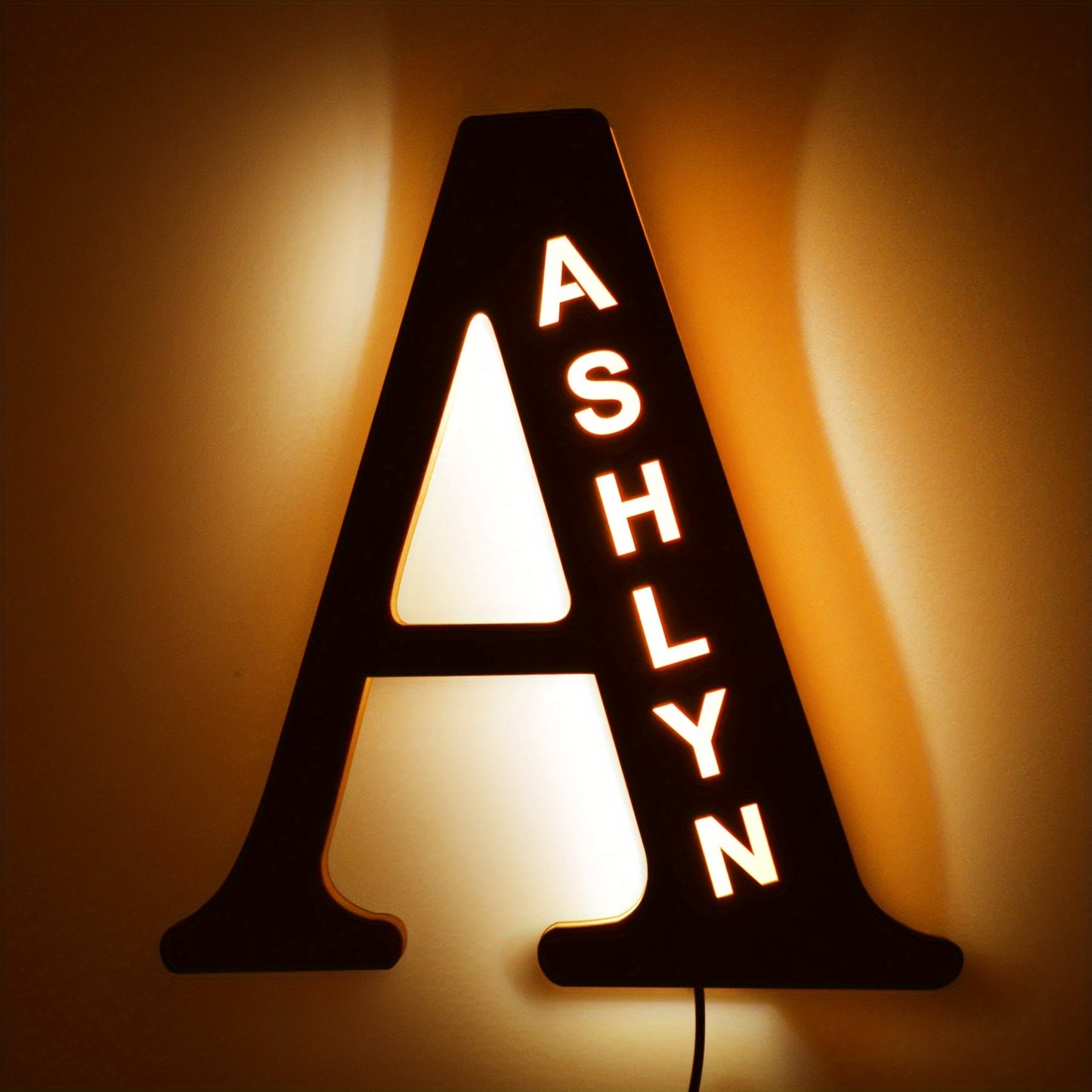 Custom LED letter night light for couples, friends, and family - personalized wooden wall lamp powered by USB. Ideal for bedroom decor with custom uppercase letters.