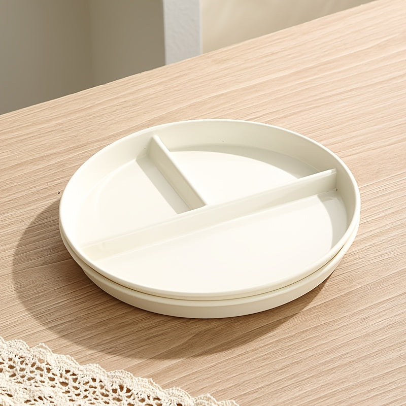 1/2/4pcs Round Plastic Partitioned Plates with 3 compartments, ideal for portion control, anti-drop, microwave and dishwasher safe, perfect for weight management and holiday meals.