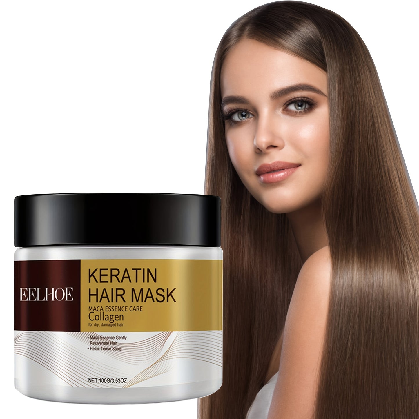 EELHOE Keratin Soch Maskasi, Kokos Yog'i, Kollagen bilan | Namlaydi, Tekislaydi, Porlaydi | 100g, Barcha soch turlari uchun