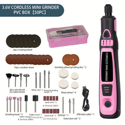 Cordless mini electric grinder set in pink with 3-speed rotary tool kit, rechargeable lithium battery. Portable machine for polishing, carving, engraving, and drilling on jade, wax, and