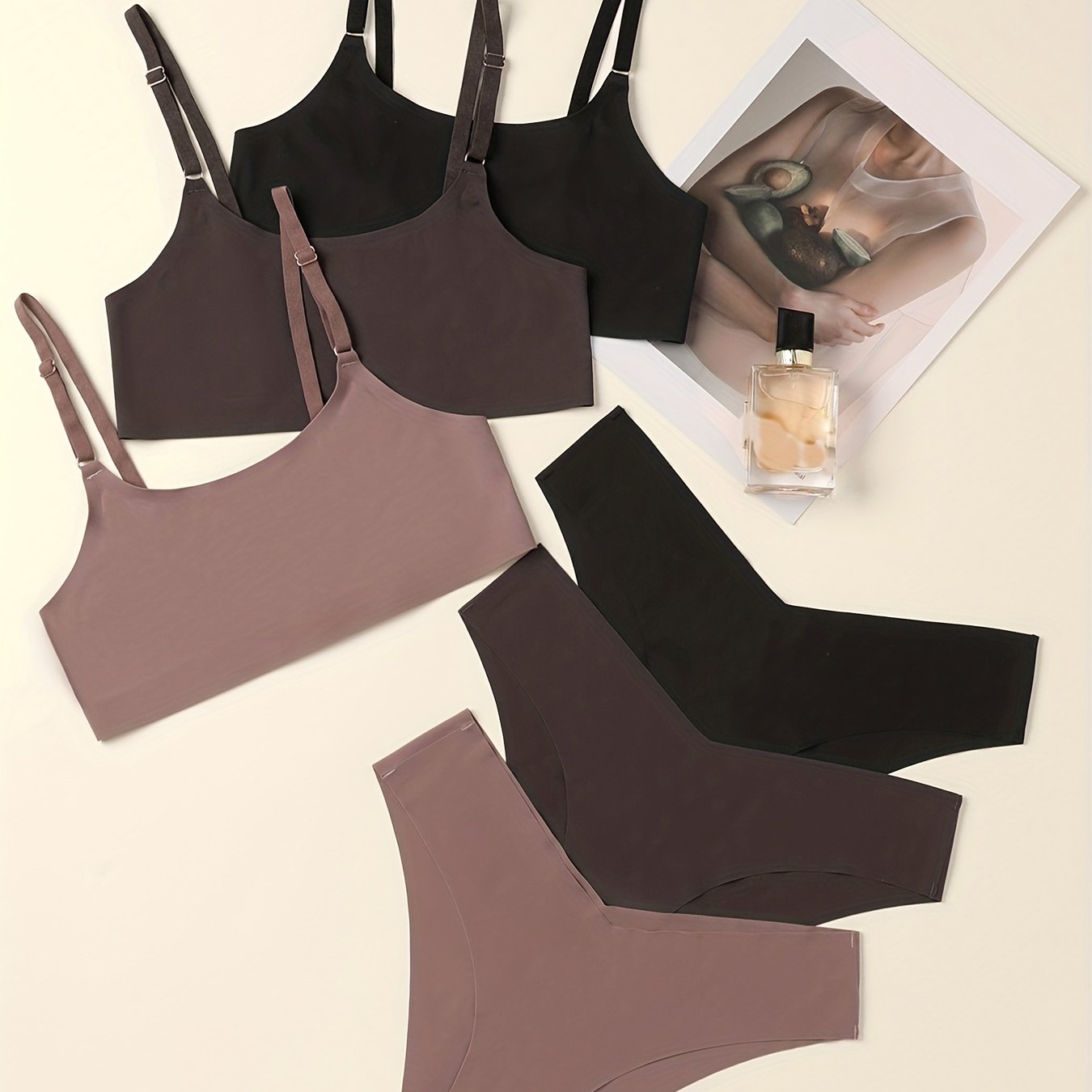 Three-piece set of simple solid bra and panties, featuring a soft full-coverage bra and seamless panties, ideal for women's lingerie and underwear.