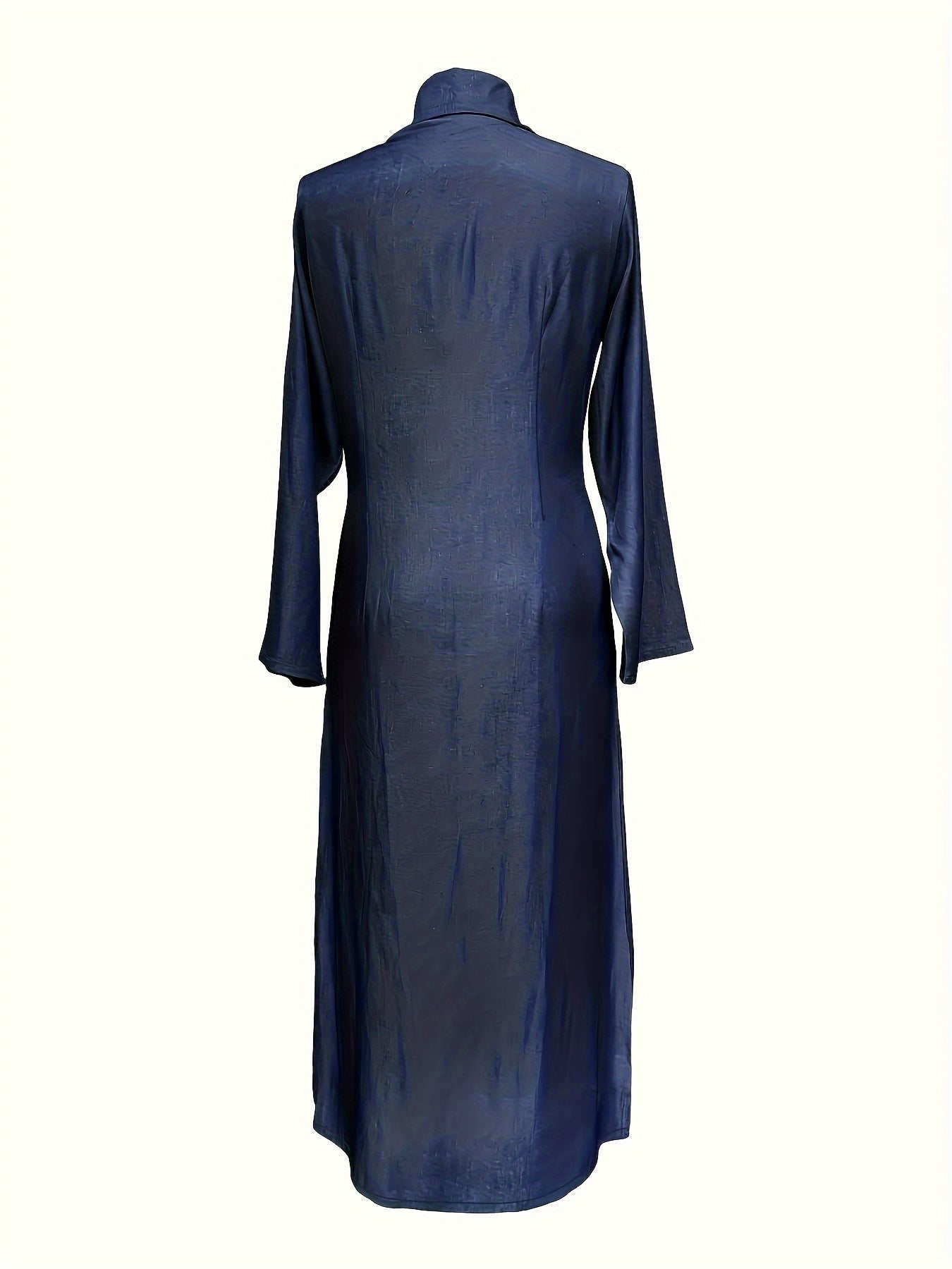 Solid maxi dress with button front, long sleeve and collar.