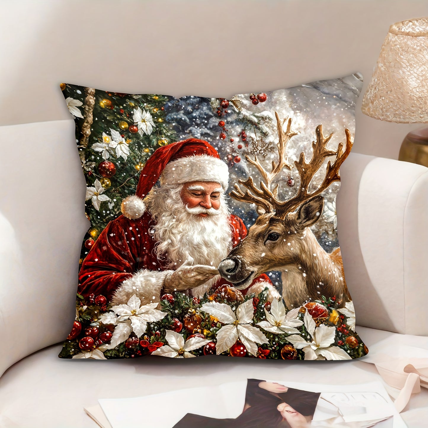 Modern Christmas Santa and Reindeer Pattern Soft Velvet Throw Pillow Cover with Zipper Closure - 44.96x44.96 cm, Machine Washable, Single-Side Print, Polyester - 1pc