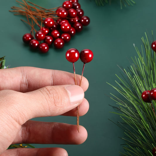 100pcs bright mixed color artificial red berries for DIY festive wreaths and home decorations, ideal for various holidays.