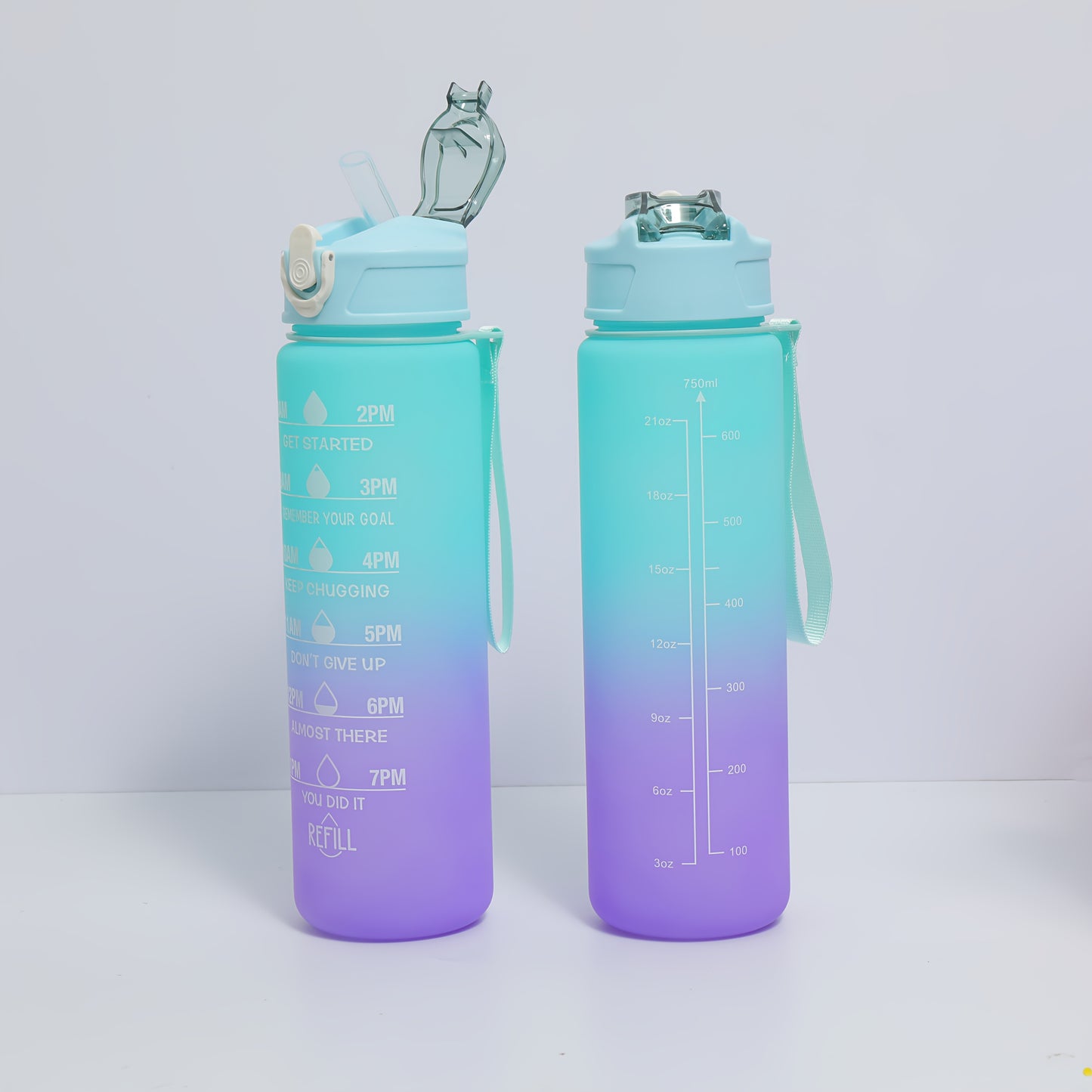 Two BPA-free plastic water bottles with time stamp and straw, lightweight and round with fixed hand strap. Hand wash only. Ideal for sports and daily use.