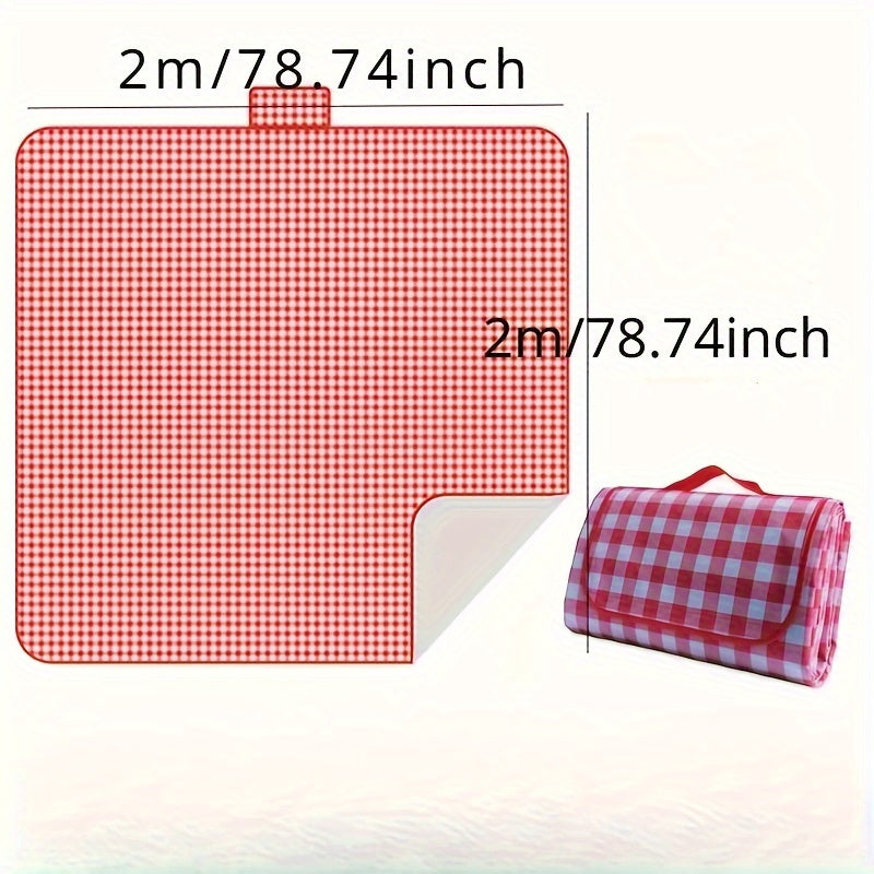 Waterproof picnic blanket with portable storage bag made of durable non-woven fabric. Foldable and moisture-resistant mat perfect for camping, beach, and outdoor activities. Features