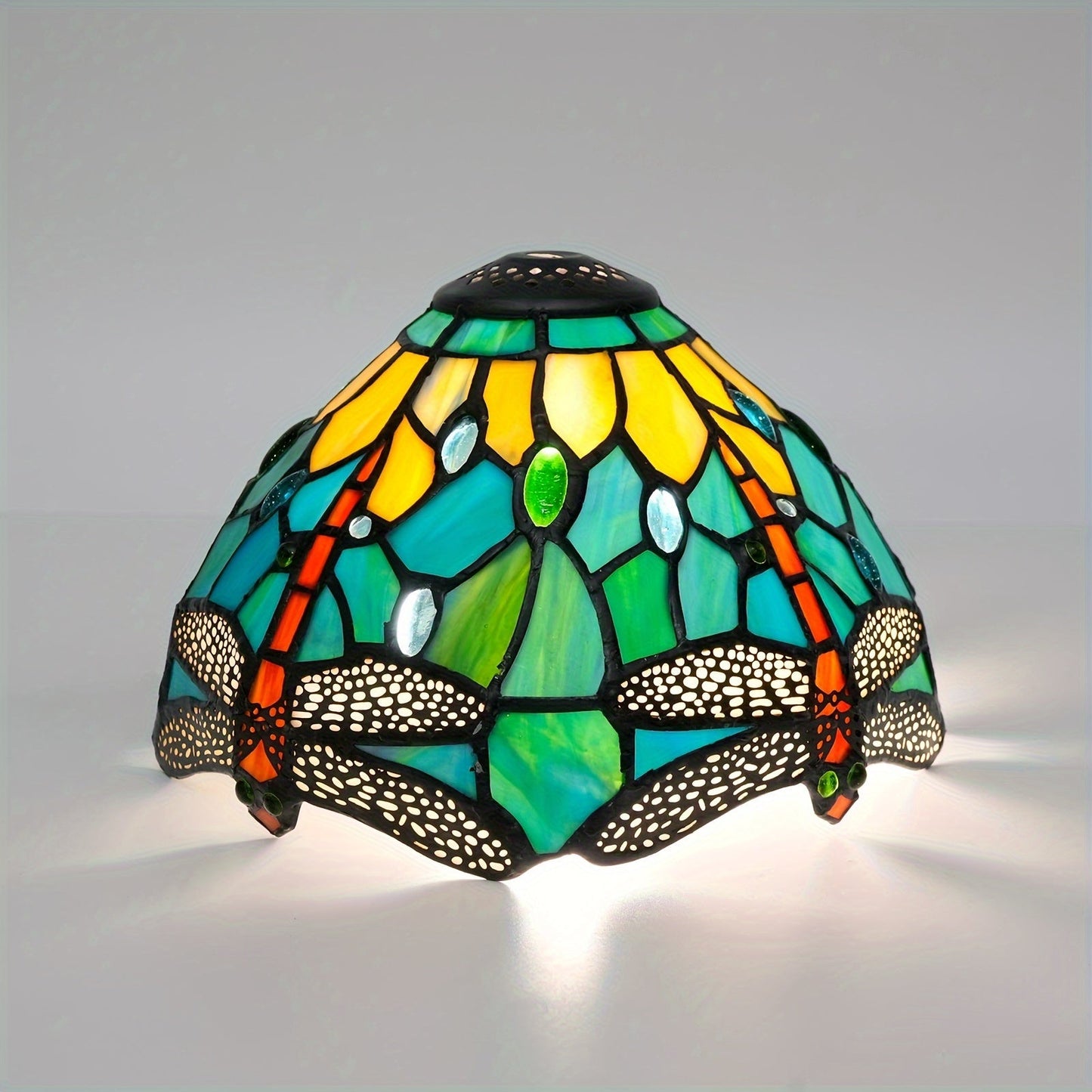 Handmade American Country Series Lampshade featuring a Floral Dragonfly and Baroque Rose Flower design. Made of Colored Glass, this lampshade is perfect for Table Lamps or Chandeliers. Measures 0.99cm on top, 20.32cm on the bottom.