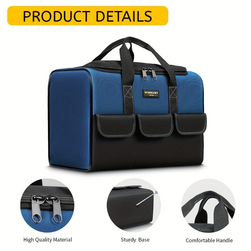 Durable blue tool bag with wide mouth, waterproof and organized for tradesmen.