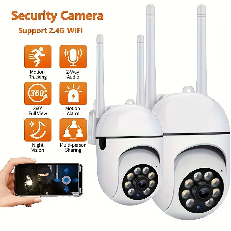 The 1 piece QKH 2.4G WiFi HD Security Camera features PTZ with Auto Tracking, Alarm, Color Night Vision, AI Motion Detection, Flood Light, 1440P Resolution, 350° Horizontal & 90° Vertical Rotation, Two-Way Audio, Smartphone Compatibility, USB Power, and