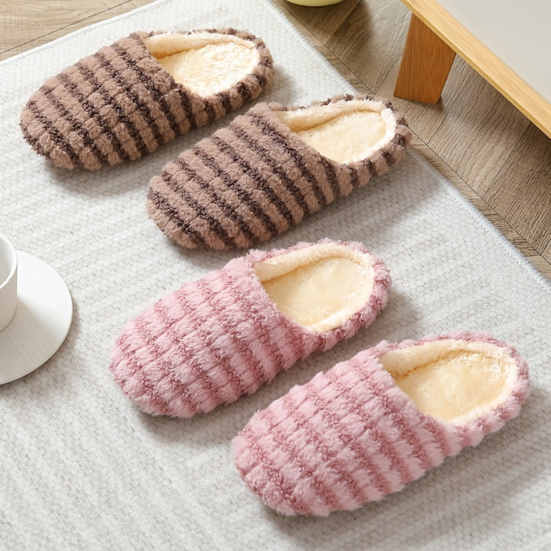 Women's striped print plush house slippers with anti-slip sole for indoor use.