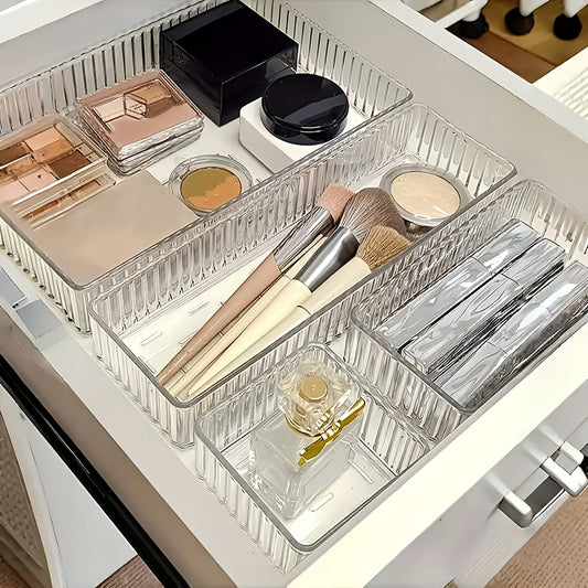 Acrylic Transparent Water Ripple Set in 3pcs, 7pcs, or 8pcs. Stackable for easy display and drawer storage. Suitable for cosmetics and toiletry storage.