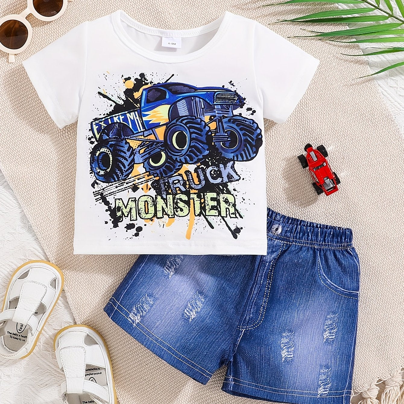 Boys' Off-road Car Print T-shirt + Denim Print Shorts Set for Outdoor Fun.