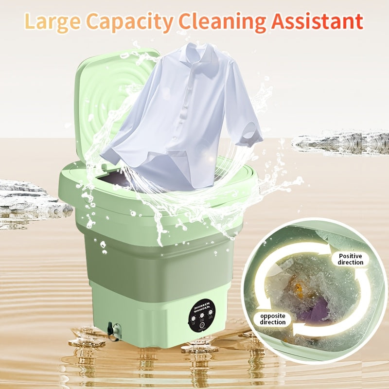 Portable 8L Washing Machine for Underwear & Socks, Foldable, Space-Saving Design with Drain Basket, Battery Powered, Two Color Options, 110V-240V.