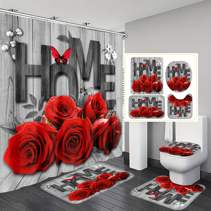 1 Romantic Rose and Butterfly polyester bathroom set includes a water-resistant floral shower curtain with 12 hooks, non-slip mats, a U-shaped bath rug, and round toilet lid cover. Machine washable and perfect for all-season home decor.