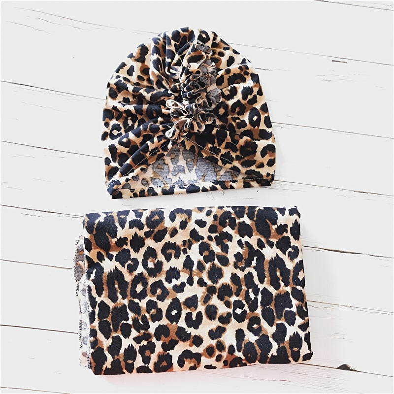 Leopard Print Baby Hat and Bag Towel Set, Throw Blanket for Infants 0-6 Months