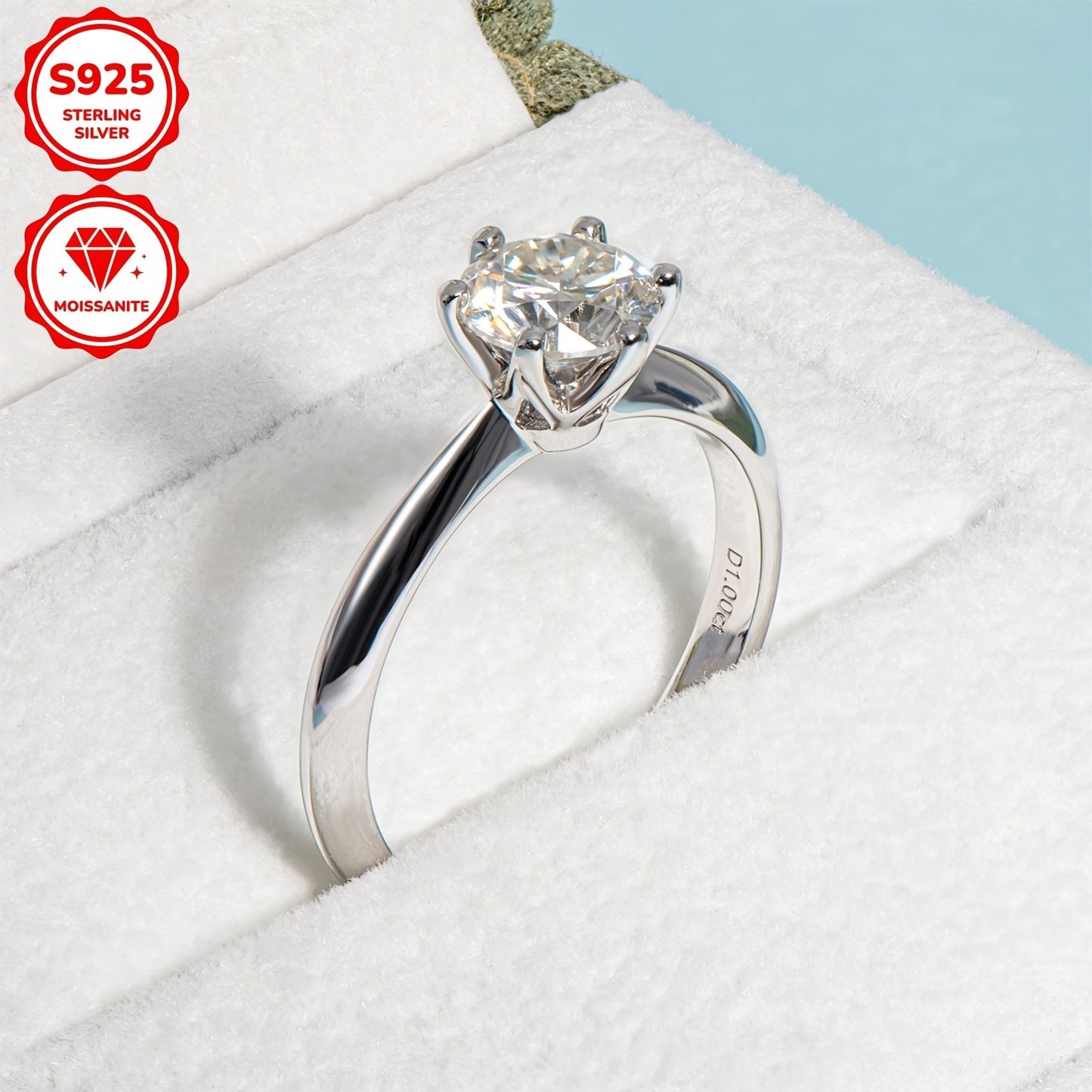 Moissanite Solitaire Engagement Ring for Women - Available in Various Sizes - Brilliant Round Cut White Golden Stone - Classic Six-Prong Setting in 925 Sterling Silver - Perfect Anniversary or Wedding Gift for Her