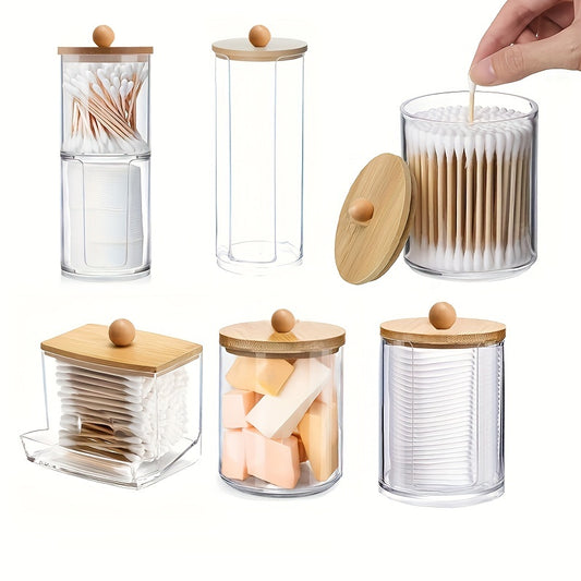 Clear acrylic swab holder with bamboo lid for organizing beauty and household items. Ideal for storing floss, makeup pads, powder puffs, and more in dresser, desktop, bathroom, or dorm. A stylish and convenient storage solution for home organization.