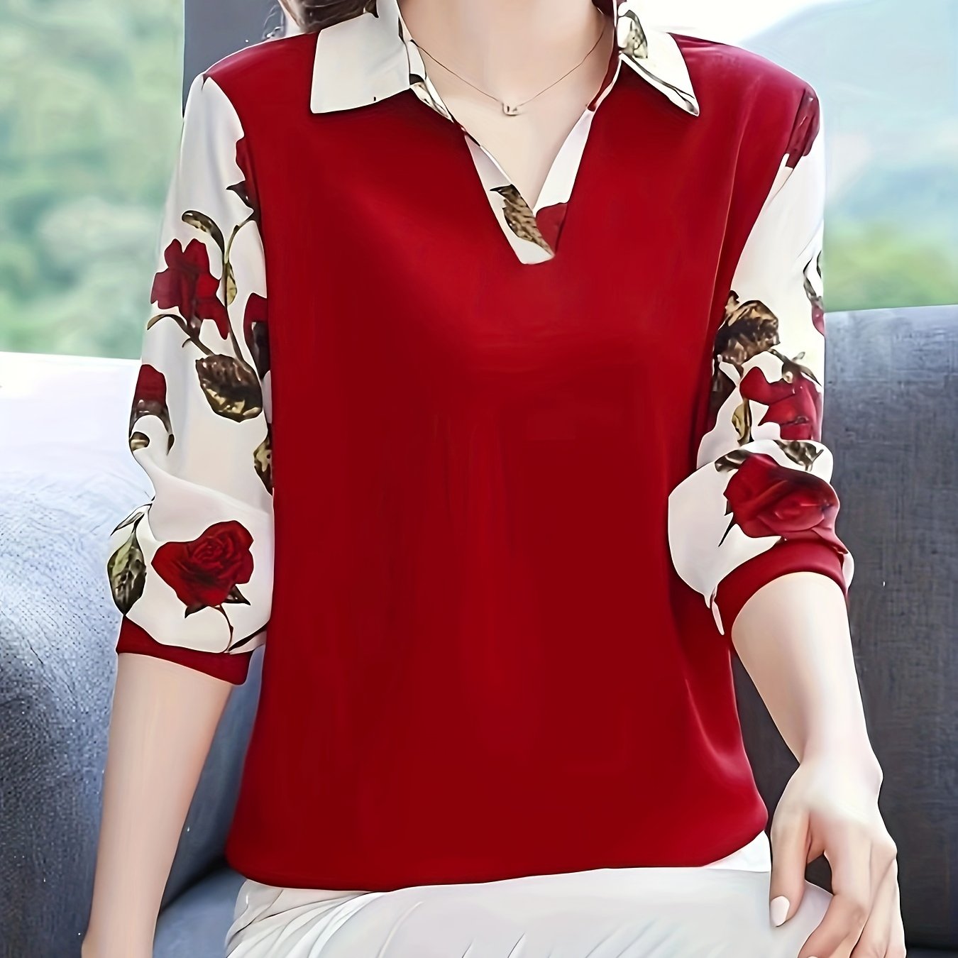 Print Panel Mom Top - Lightweight Polyester, Long Sleeve with Lapel Collar, Machine Washable - Great for Spring/Autumn Vacations