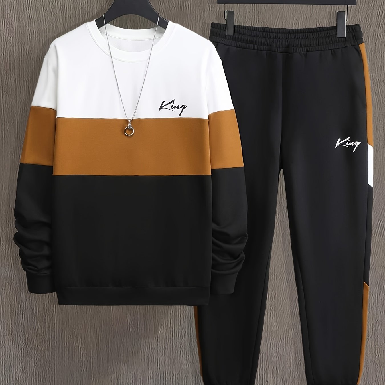 King Men's Casual 2-Piece Set: Color Block Sweatshirt & Print Joggers - Polyester Knit, Regular Fit for Spring/Fall Sports Outfits.