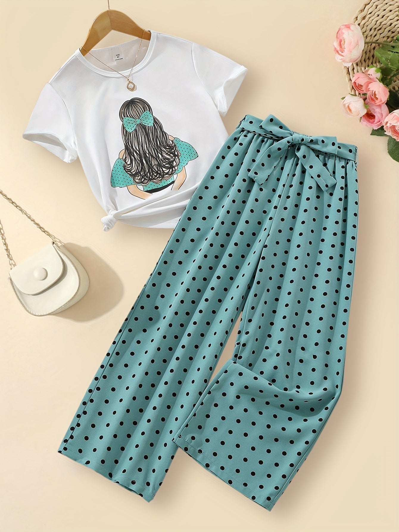 New summer style girls' trousers suit for medium and large children, featuring personalized avatar round neck top and loose fit polka dot wide leg pants.