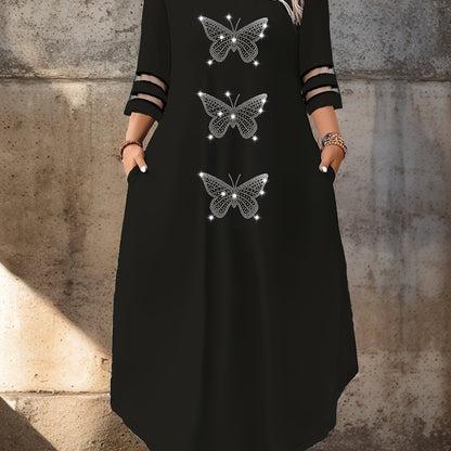 Women's Plus Size Butterfly Rhinestone Dress with Mesh Contrast Sleeves and Pocket