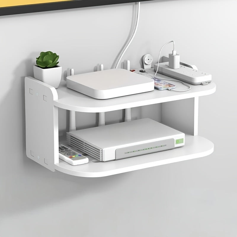 2-tier wall-mounted rack with cable management for routers and set-top boxes - no drilling required.