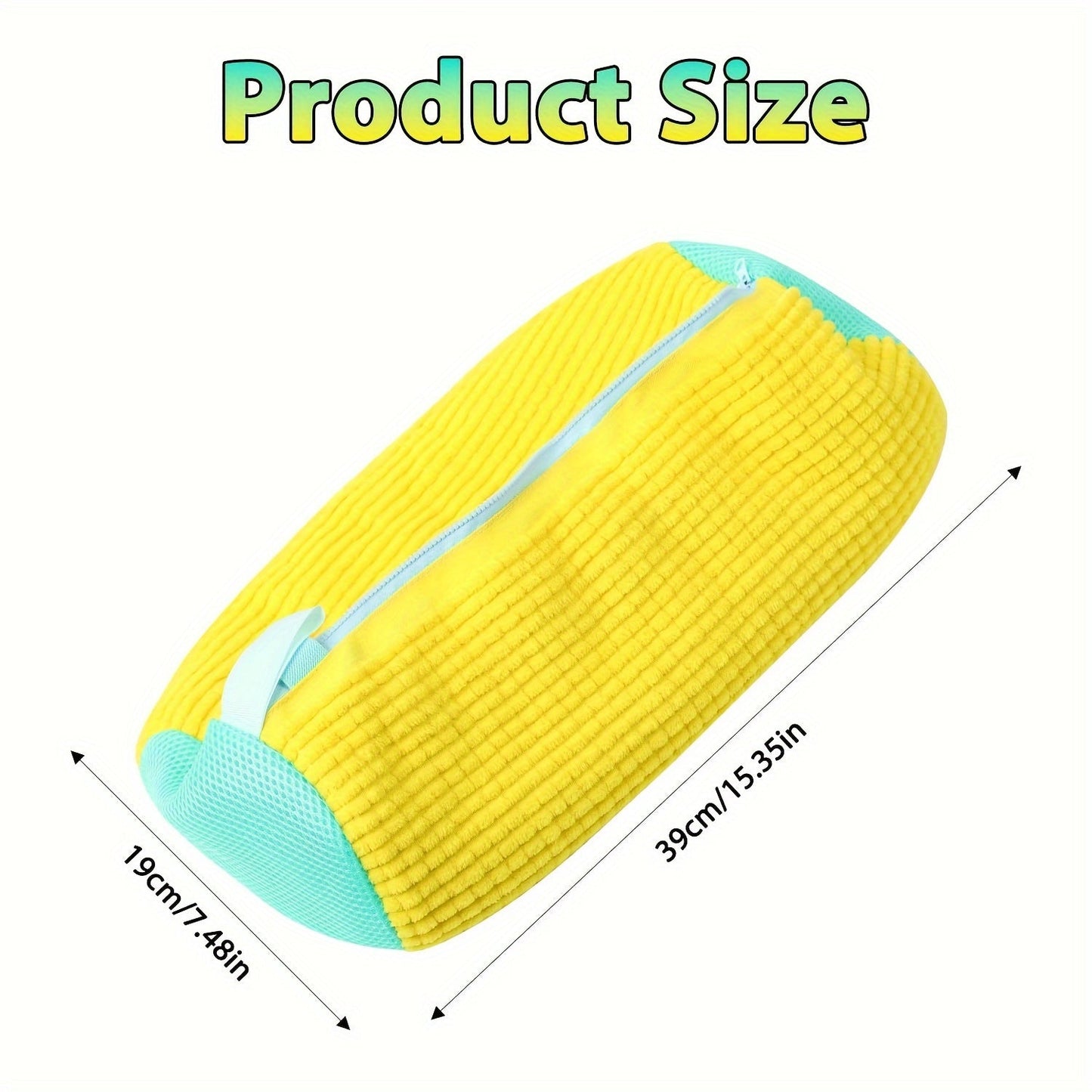 Yellow and teal zippered shoe wash bag for convenient laundry care of sneakers. Made of anti-deformation polyester with a mesh bottom and oval shape. Perfect for keeping your shoes clean and protected during the laundry process.