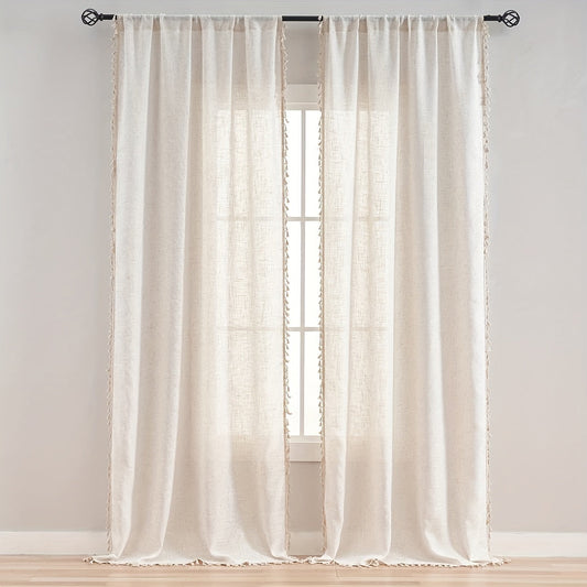 Beige lace linen sheer curtain with tassels, perfect for adding a touch of elegance to your bedroom, office, kitchen, living room, study, or home decor. Features a rod pocket for easy hanging.