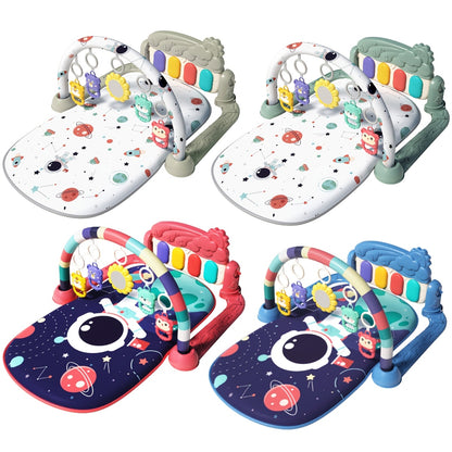 Musical baby gym play mat with piano and hanging toys, perfect for newborns. Features interactive lights and sounds, ideal gift for holidays. Assembly required. Made of polyester fiber.