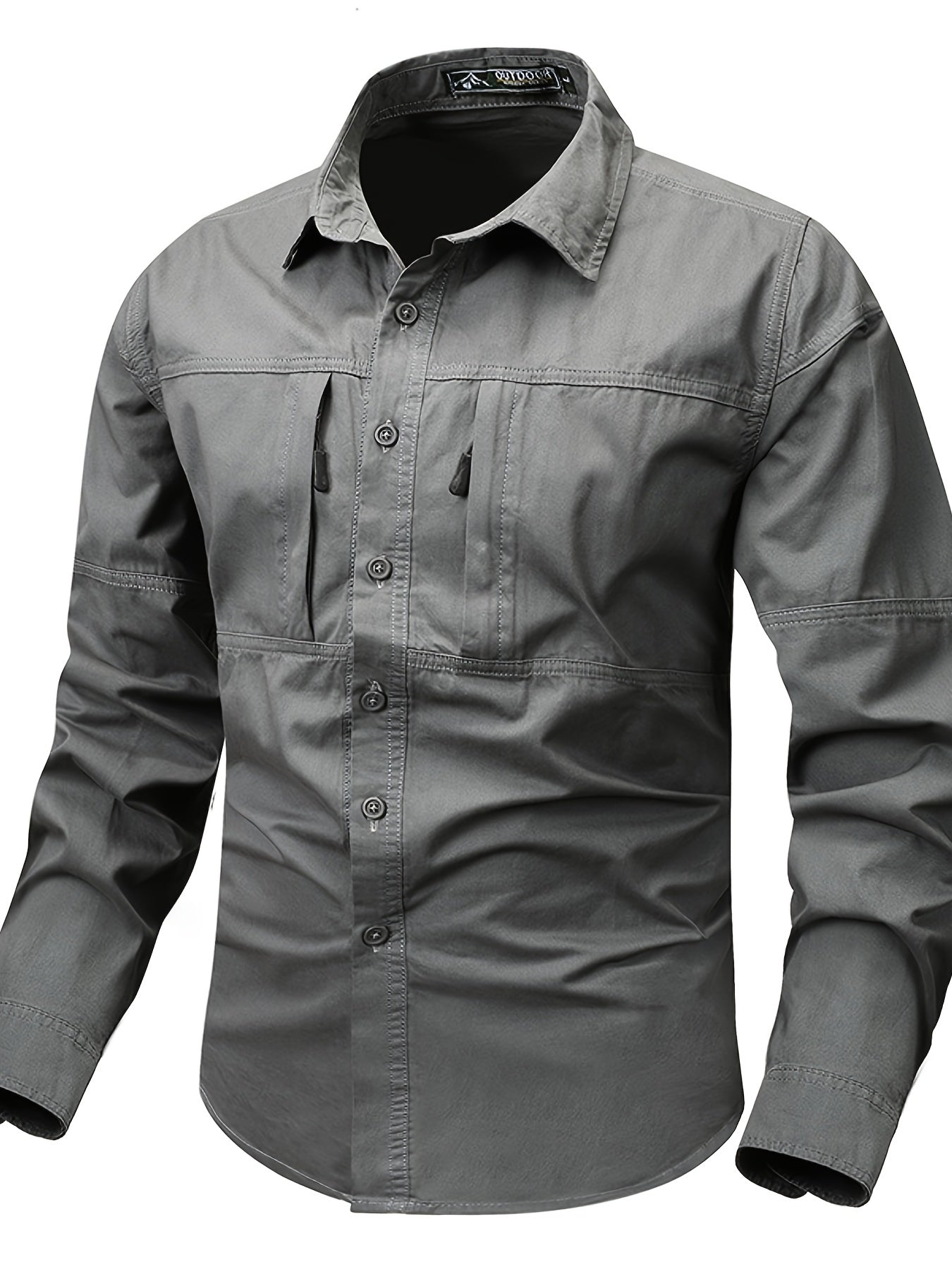 Men's cargo style shirt with unique zipper pocket design, perfect for spring and fall fashion trends.