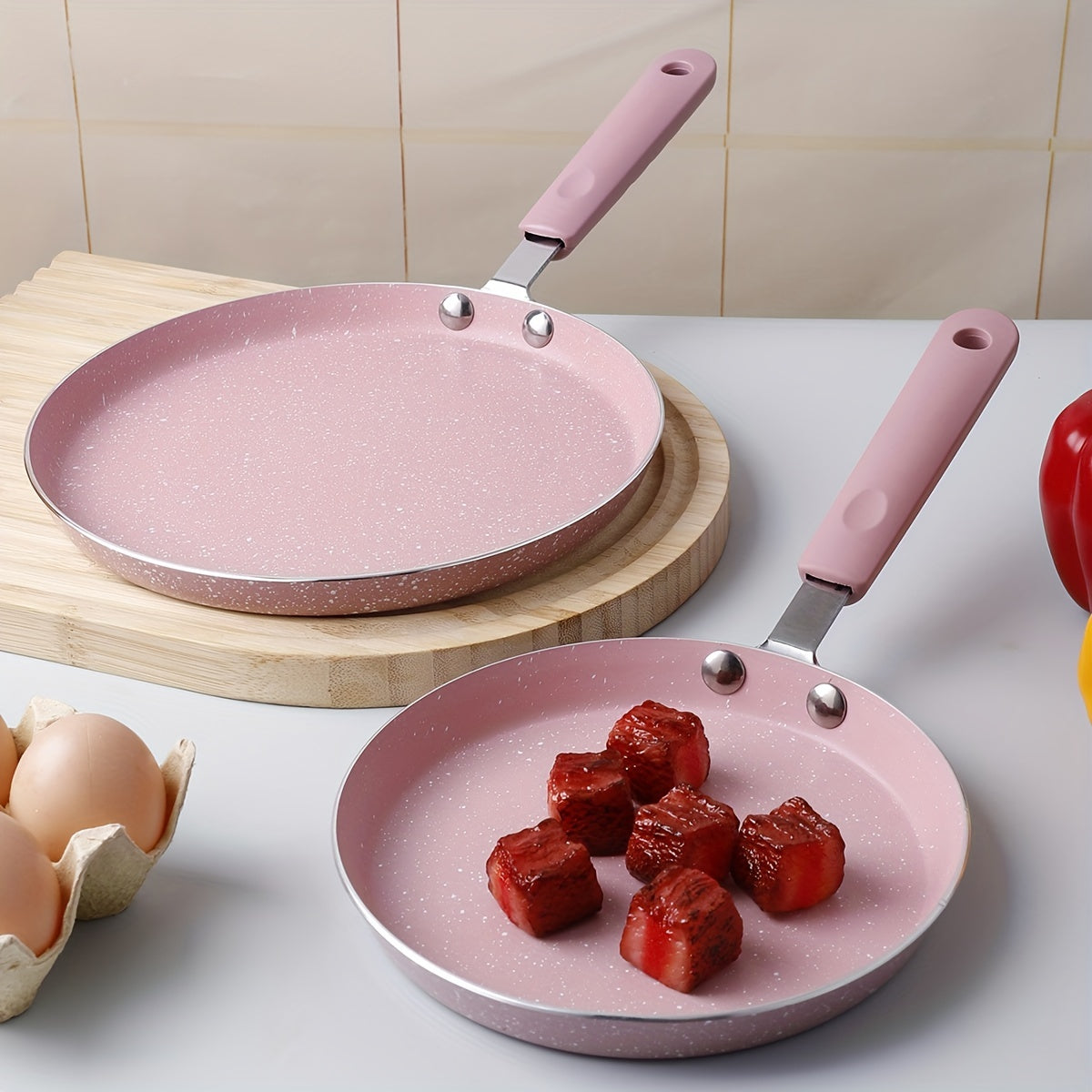 Pink non-stick skillet made of zinc alloy - ideal for cooking steak, pancakes, crepes, omelets, and breakfasts. Must be hand washed.