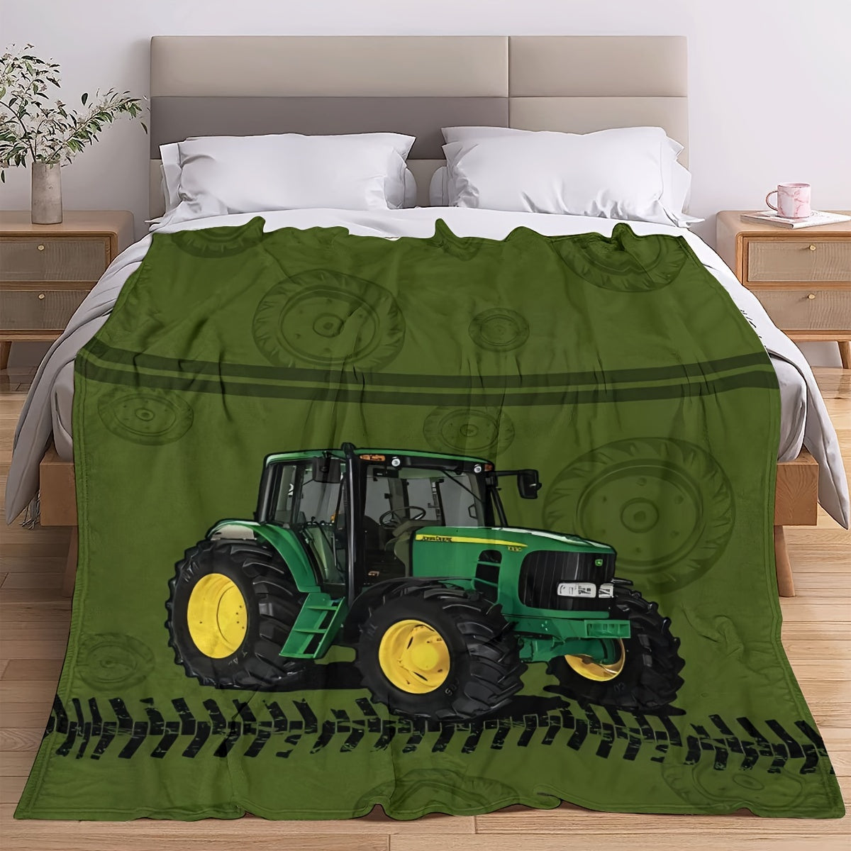 Cozy up with this Soft Tractor Print Flannel Throw Blanket - Ideal for Bedroom Decor, Shawl Wrap, or Birthdays!