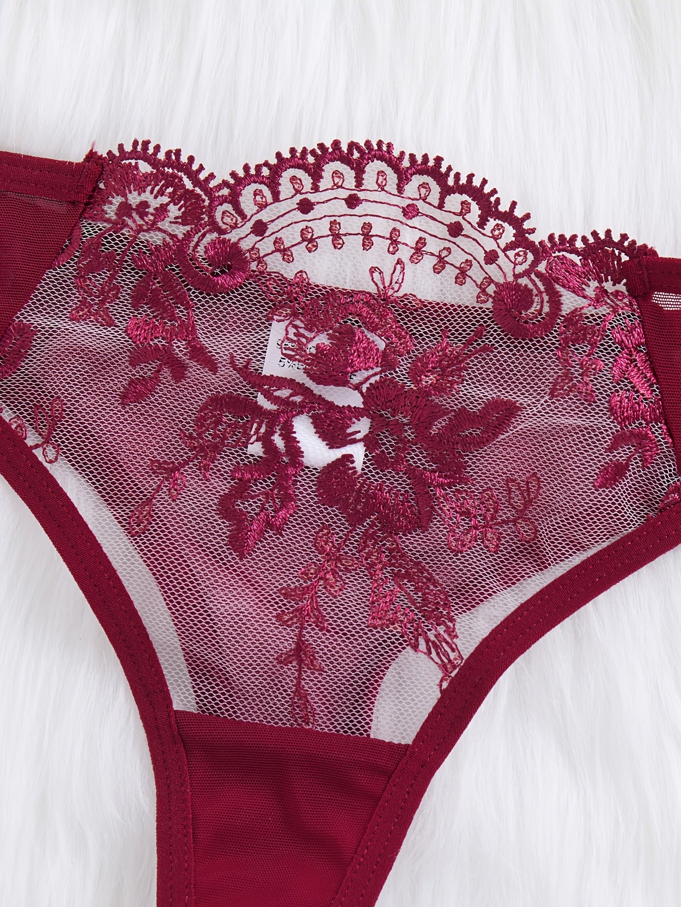 Floral embroidered two-piece bra set with semi-transparent fabric.