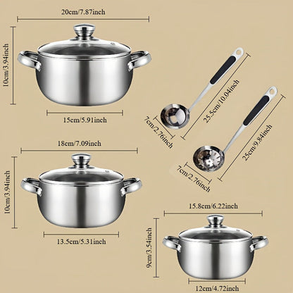 Three-piece kitchen cooking pot set made of stainless steel, including a stockpot, a pearl pot, and a hot pot, all perfect for holiday promotions.