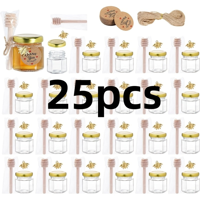 Tiny honey jars with wooden dipsticks, hexagonal glass containers topped with golden lids, embellished with charming golden bee accents, and accented with decorative jute perfect for weddings, baby showers, and party favors.