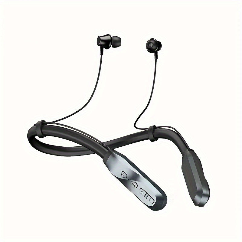 Sporty wireless earbuds with microphone and neckband for running.