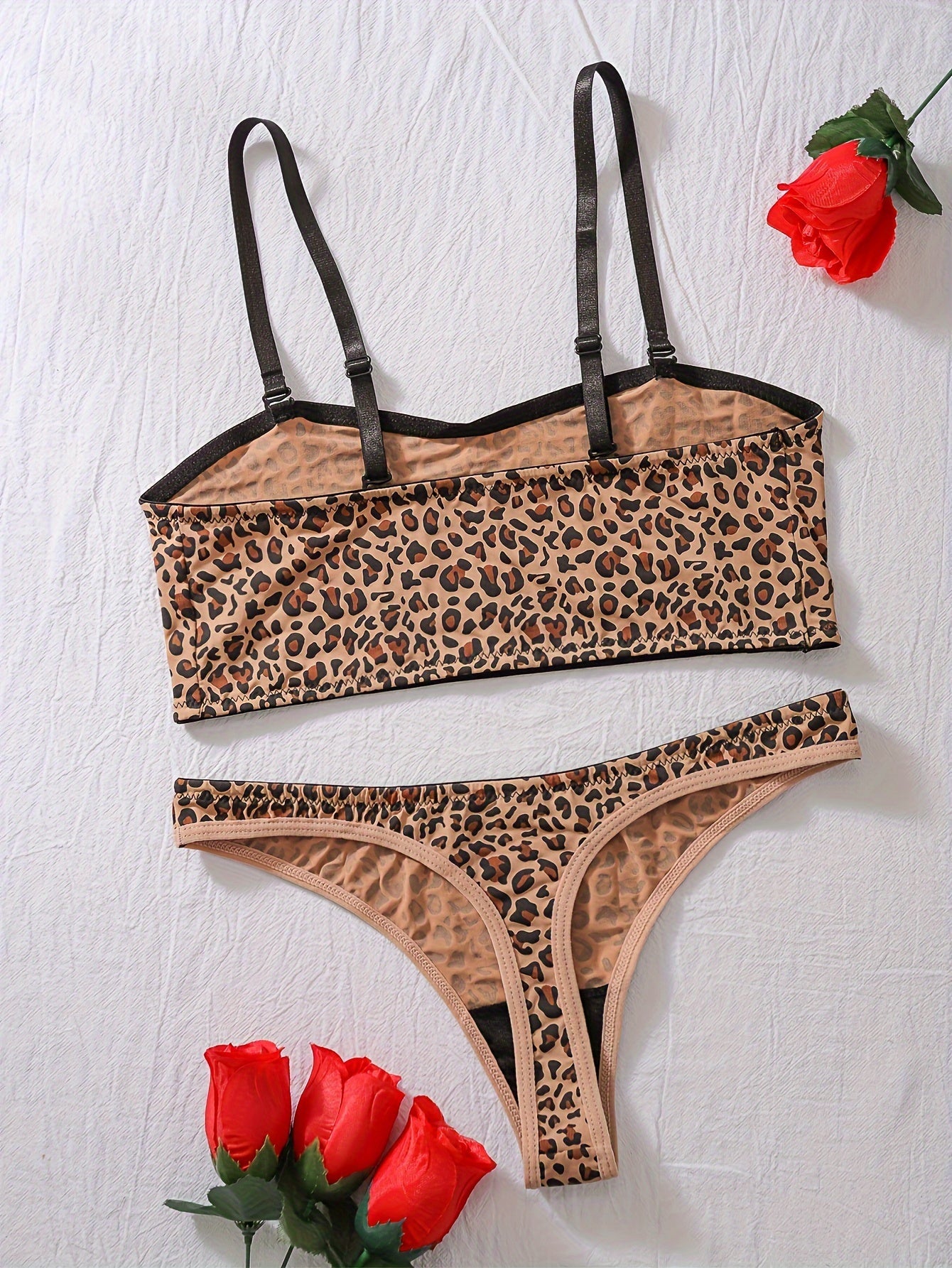 Leopard print bra and panties set for women, machine washable nylon blend, no padding.