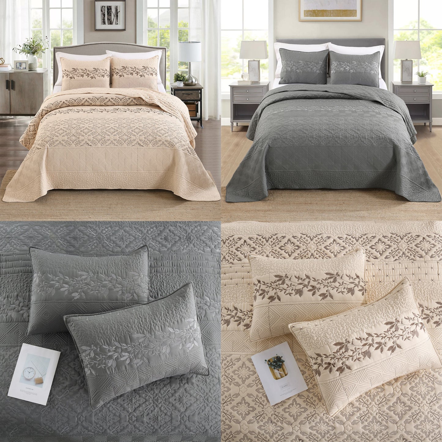 Luxurious three-piece bedding set with stitched leaves and floral designs, includes double bed cover, summer quilt, and two pillowcases. Soft, breathable, and perfect for bedroom or