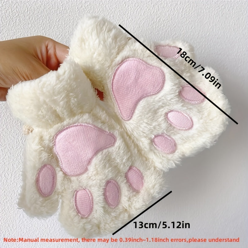 Stylish and Comfortable Cartoon Cat Paw Gloves, Featuring Thick Plush Half-Finger Design for Warmth & Fashion, Ideal for Parties.