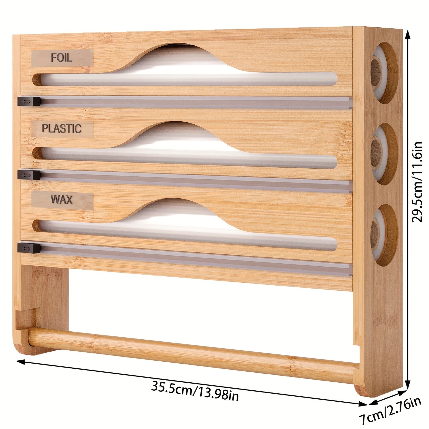 Bamboo wrap organizer with cutter and labels for wall-mounted kitchen storage.