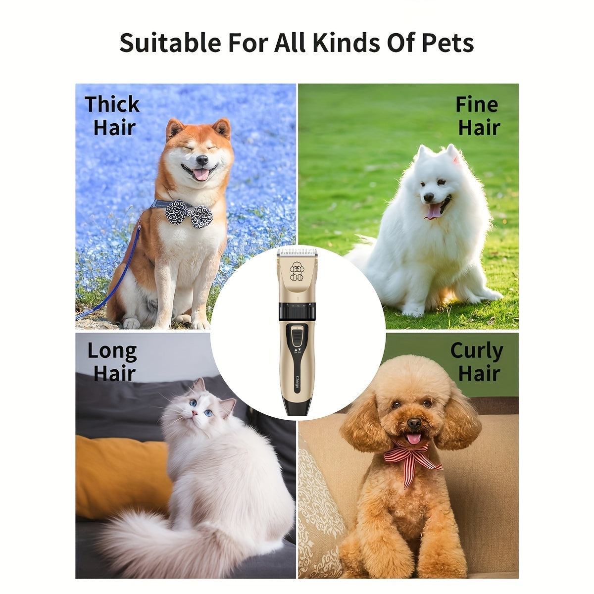 USB rechargeable pet grooming clipper with low-noise, professional clippers suitable for all pet sizes and hair lengths. Uses lithium 18650 battery and works on cats, dogs, and human hair.