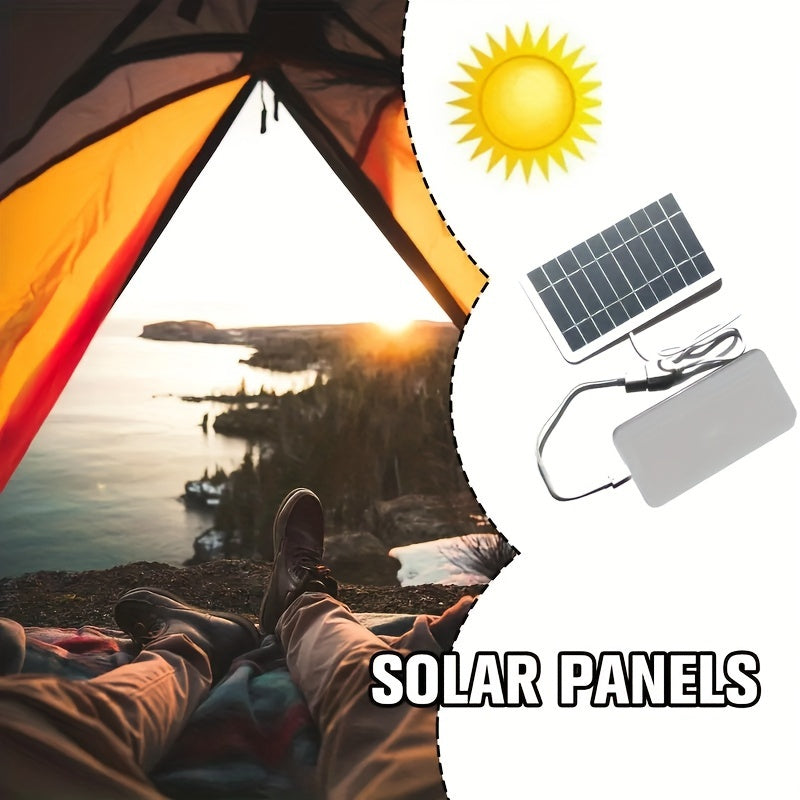 Portable outdoor solar USB charger with movable solar panel for charging phones, flashlights, and fans, ideal for travel, camping, and outings with pets.