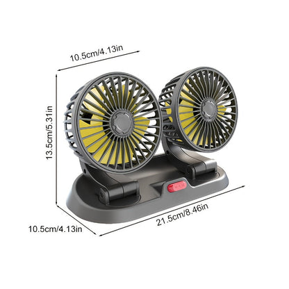 The [1pc Dual Head Portable Car Fan] features 5-blade turbo high-velocity airflow and 360-degree rotatability. It operates with low noise thanks to its copper dual motor and can be powered by USB. Suitable for use in 5-seater vehicles, indoors, and